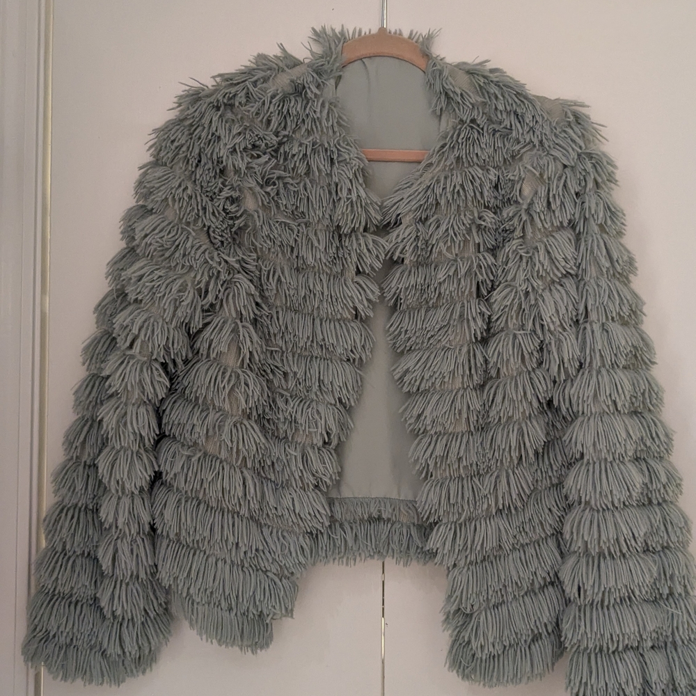 Women's Open Front Cardigan Faux Fur Coat Parka Sage Green Shaggy Size Large